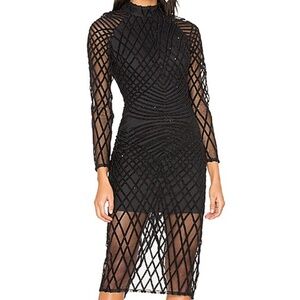 Lavish Alice Black Mid length sheer & sequin long sleeve dress SZ 2